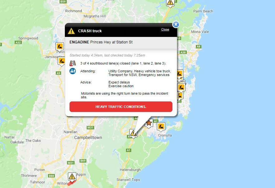 Southbound lanes closed at Engadine after truck crash