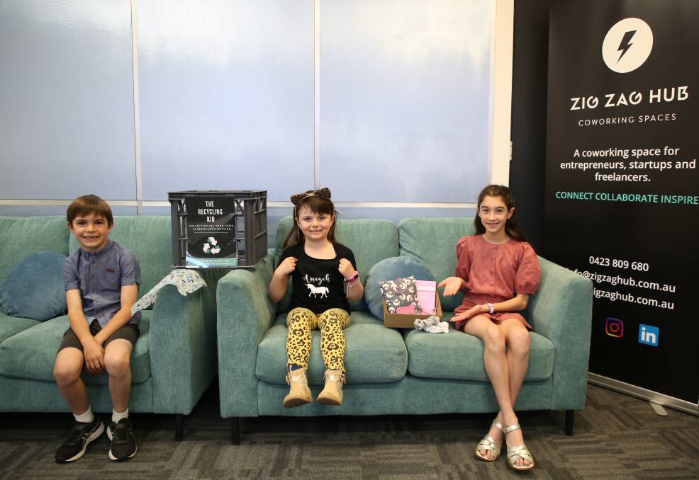 Young entrepreneurs: Spencer Garde, 8, Amayah Christensen, 7, and Lexie Garde, 10, at the ZigZag Hub in lower Crown Street Mall, Wollongong. Picture: Greg Ellis.
