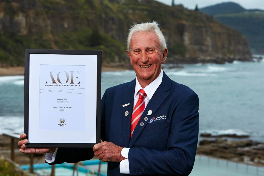Coalcliff SLSC legend: David Winner with his Patrol Captain of the Year Award in 2020.