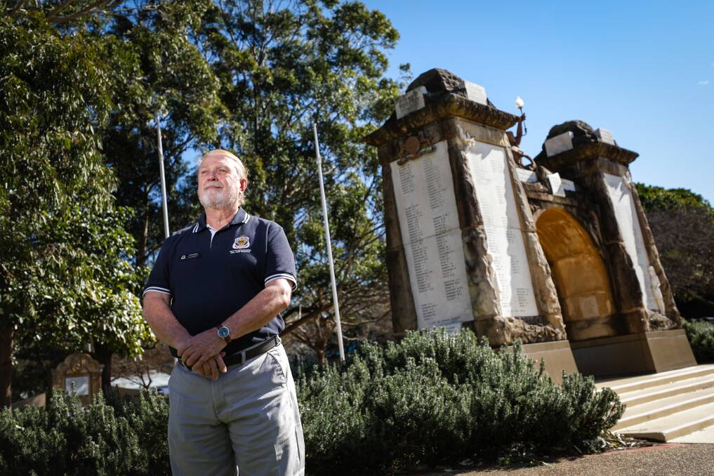 Difficult decision: City of Wollongong RSL Sub-Branch president John Sperring at the Wollongong Cenotaph after a decision to cancel VP Day on August 15 because of COVID lockdown. Picture: Adam McLean.