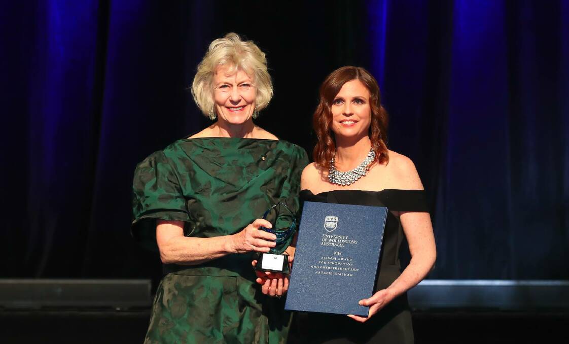 Recognition:  University of Wollongong chancellor Jillian Broadbent AO presents gemaker's Natalie Chapman with her University of Wollongong Alumni Award for Innovation and Entrepreneurship.

