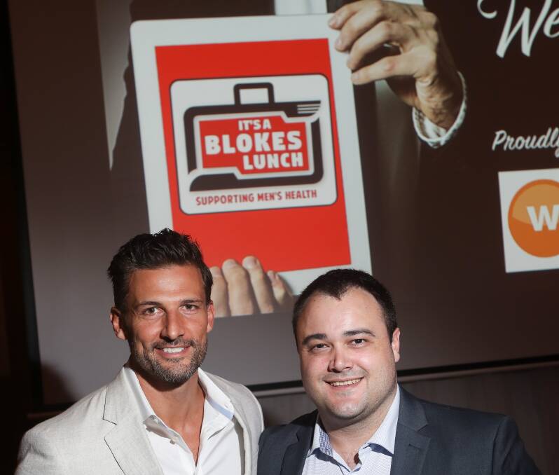 Focus on men's health: Tim Robards and Joshua Tree at the 2017 It's A Blokes Lunch at the Novotel Wollongong Northbeach. 
