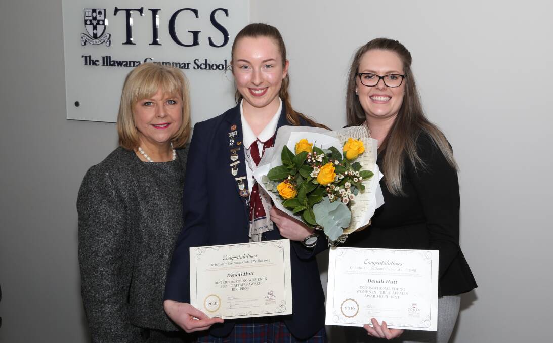 Zonta recognition: Sheldri Weston, Denali Hutt and Grace Freckelton at TIGS after it was announced Ms Hutt was one of 10 finalists in the world for the ZONTA International Women in Public Affairs Award. Picture: Greg Ellis.
