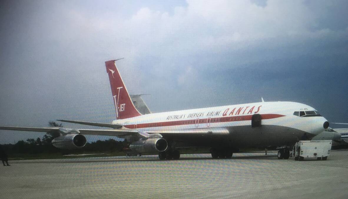 Travolta plane: The Boeing 707 on the ground in Georgia which is not far from where Hurricane Dorian has been menacing the United States. Picture: Bob De La Hunty. 