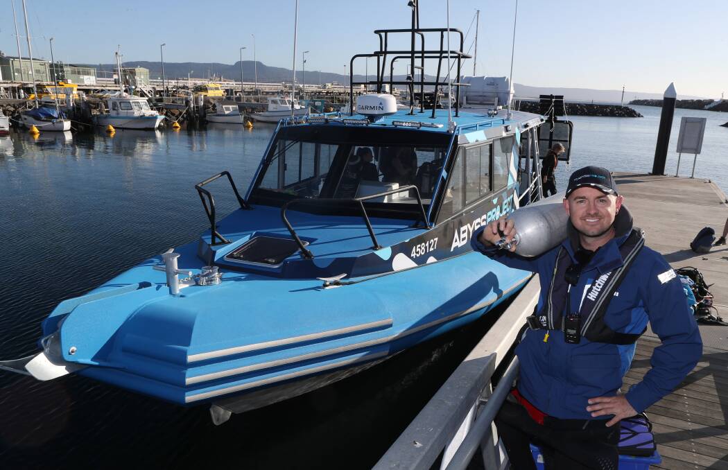 Carl Fallon with the new new 900 horsepower 12 metre off shore marine research vessel which will be based at Wollongong Harbour. Picture: Robert Peet.
