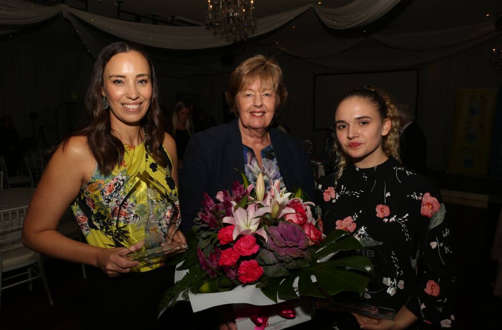 Awards cancelled: IWIB director Glenda Papac (centre) with 2019 Illawarra Business Woman of Year winner Lauren Buhagiar, of Active Property Conveyancing, and 2019 Young Business Woman of Year winner Marie Russo of Zig Zag Hub. Picture: Greg Ellis.
