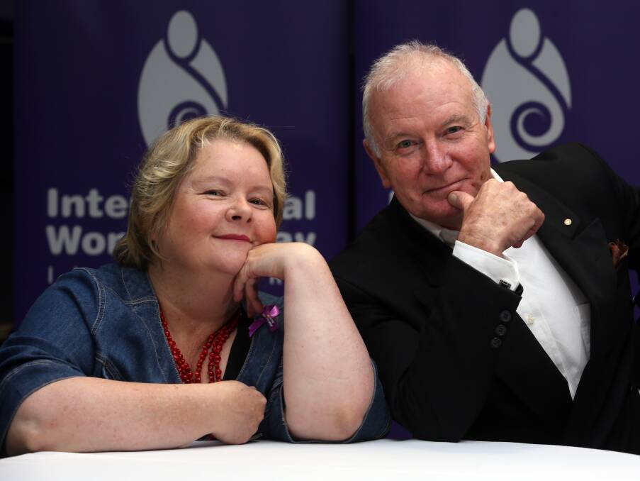 Magda and the Mayor: Magda Szubanski at the WIN Entertainment Centre for International Women's Day with Lord Mayor Gordon Bradbery. Picture: Robert Peet.
