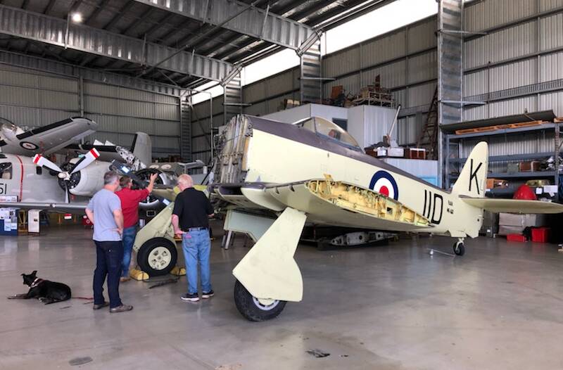 Aviation history: The former RAN Fleet Air Arm Hawker Sea Fury is placed on display beside a Grumman Tracker at HARS Aviation Museum.
