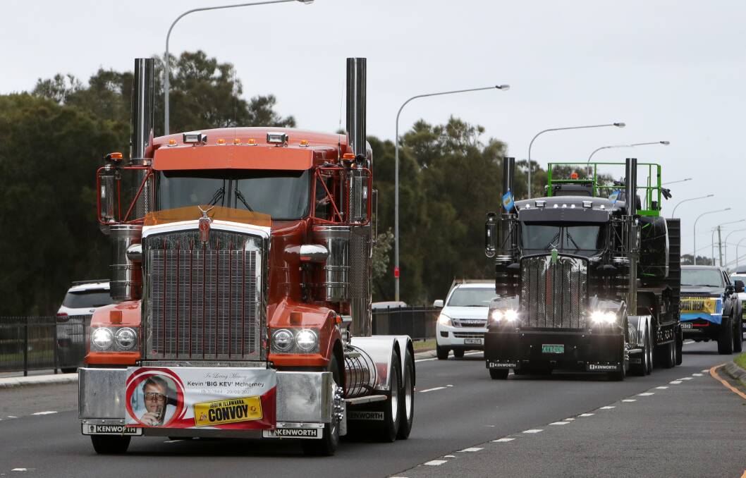 Record breaking fundraiser: The lead trucks in Sunday's 17th annual i98FM Illawarra Convoy for local families. Picture: Sylvia Liber.
