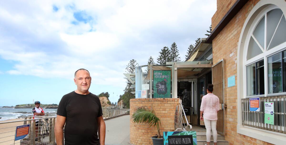 Cautious approach: Max Borsato outside Northbeach Pavilion which is going to wait until more people can dine-in. Picture: Sylvia Liber. 