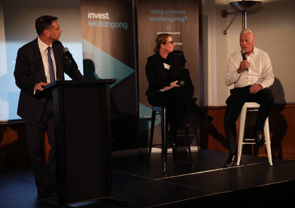 Why Wollongong: KPMG Wollongong managing partner interviews Dr Melinda Williams of Peoplecare and Martin Braithwaite of NEC during a panel discussion about why Wollongong at the Invest Wollongong launch. Picture: Greg Ellis.
