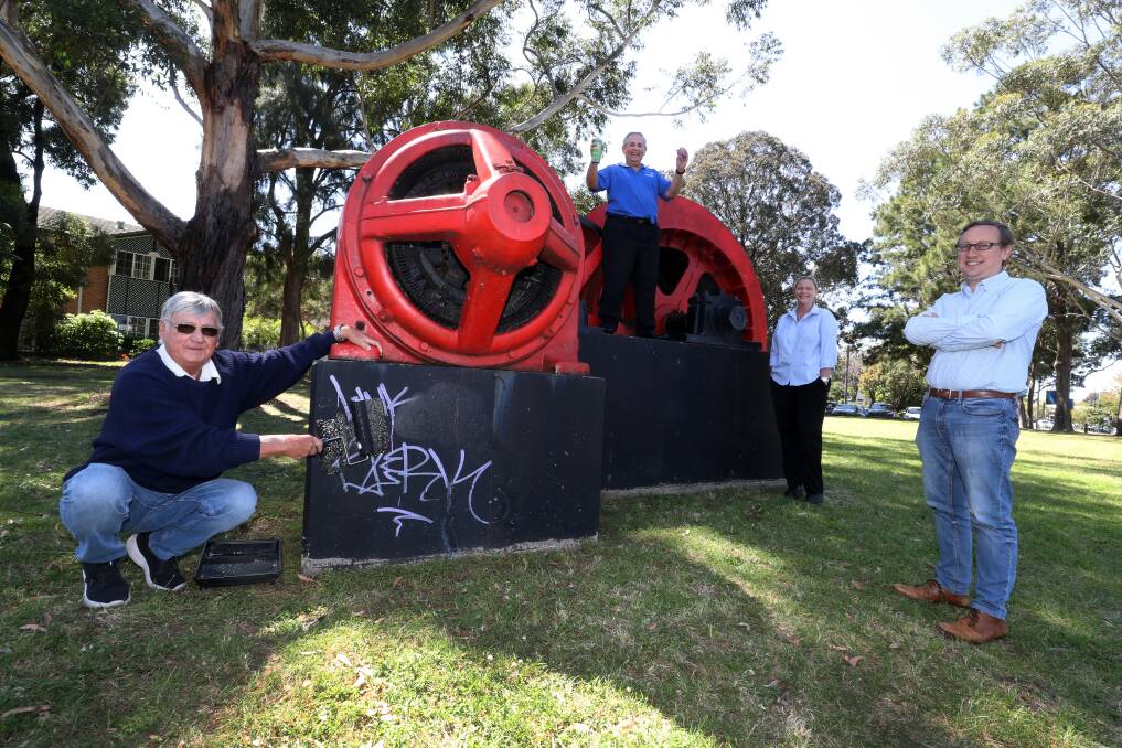 Cleaning up: Dapto Rotary's Mick Chamberlain with Corrimal Chamber of Commerce's Paul Boultwood, Corrimal RSL's Natalie Parker and project coordinator Sam Bateman at Tom Ward Park. Picture: Robert Peet. 