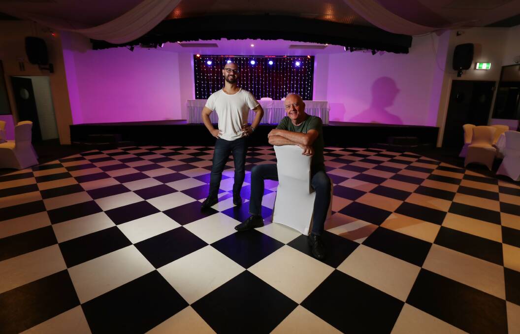 Live entertainment returns: Michael Arbelias and Robert Specogna in front of the larger new stage in Centre CBD's concert room. Picture: Robert Peet.