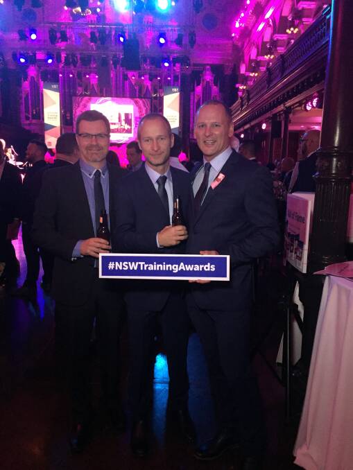HVTC's Michael Ruddock with KJ Industrial Scaffolding's Adam Oswald and Brett Rodwell at the NSW Training Awards.
