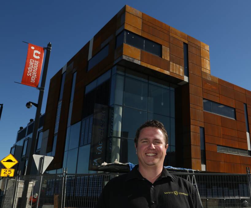 Safety heading in the right direction: Adam Poole in front of The Safety Compass's home at the new iAccelerate building. He wants to address workplace risk at all points of the globe. Picture: Greg Ellis.
