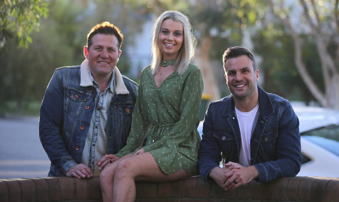 Stars Born: Chasing Comets writer and producer Jason Stevens with his Wollongong wife Bec and fellow former NRL player Beau Ryan whose acting career is shooting for the stars after his first movie role. Picture: John Veage.


