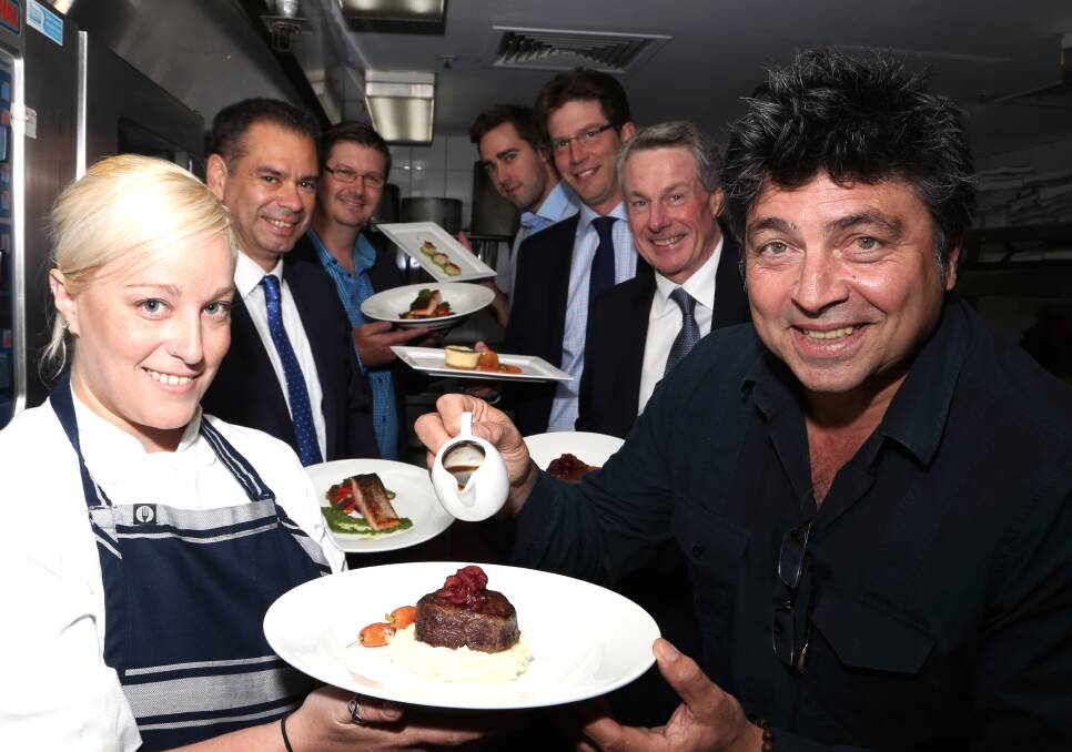 Region on a plate: Leanne Shaffer, Warwick Shanks, Marc Swan, Isaac Palmer, Chris Lamont, Robert Ryan & Geoff Jansz are ready to serve up a new treat at the 2017 IMB Bank Illawarra Business Awards at the WIN Entertainment Centre in October. Picture: Greg Ellis.

