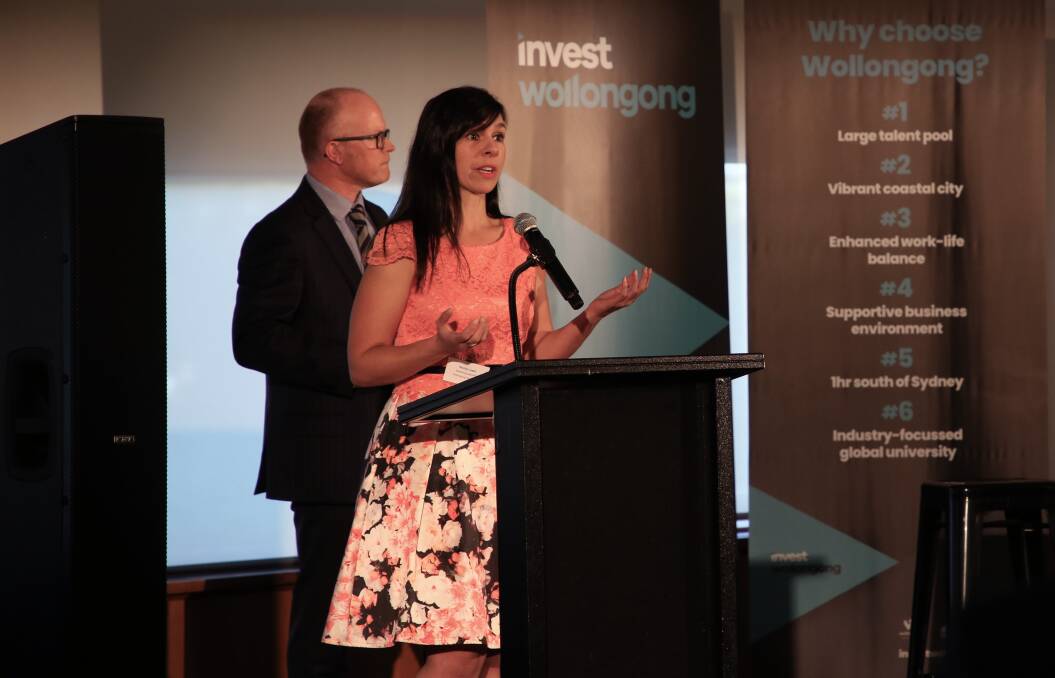 Promoting city: Mark Grimson and Marilyn Lopez at the launch of the new Invest Wollongong branding at Wollongong Art Gallery on Tuesday night. Picture: Greg Ellis.
