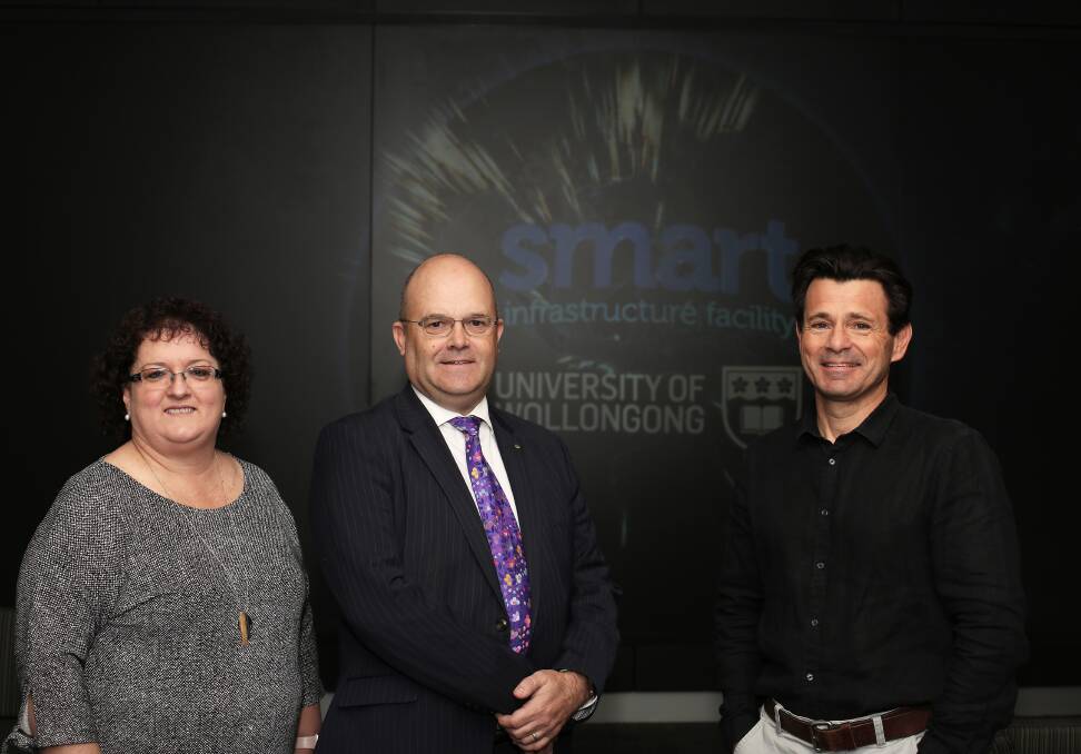 SMART Infrastructure Facility chief operating officer Tania Brown, SMART Advisory Council chair Philip Davies and SMART director Senior Professor Pascal Perez. Picture: Greg Ellis.
