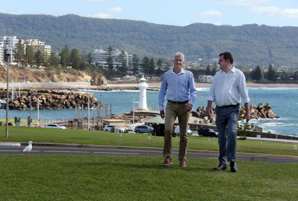 Looking ahead: Destination Wollongong chair Colin Bloomfield and general manager Mark Sleigh at Flagstaff Hill. Picture: Robert Peet
