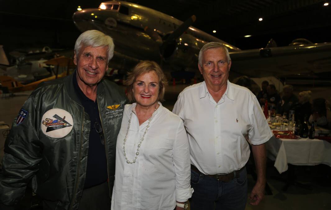 Flying the Hump dinner hosts: At the Historical Aircraft Restoration Society were Larry Jobe, Sherryl Sherson and Bob De La Hunty. Picture: Greg Ellis.
