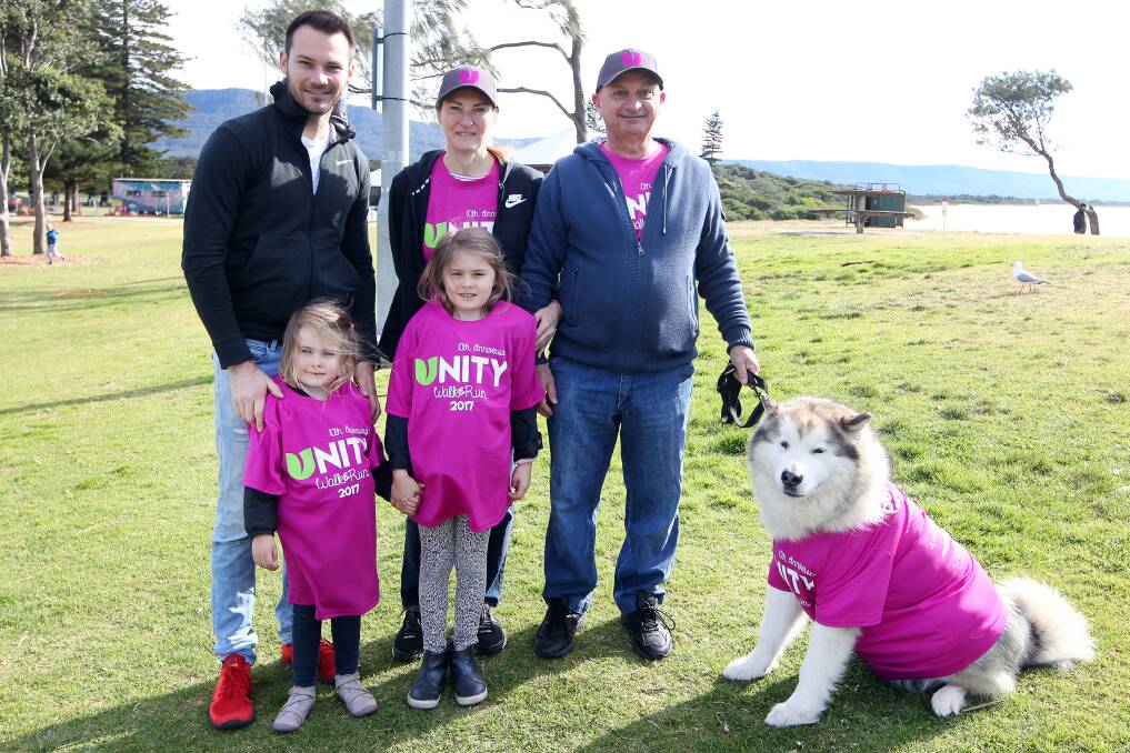 Family united for a cause: Ben, Juliet, Madeline, Marion and Greg Kumanovski with dog Bailey during a fundraising effort 12 months ago for the Parkinson's Unity Walk and Run. Picture: Sylvia Liber. 


