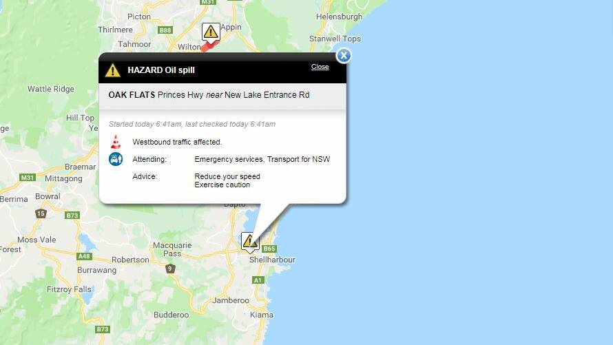 Oil spill on Princes Hwy at Oak Flats near New Lake Entrance Rd