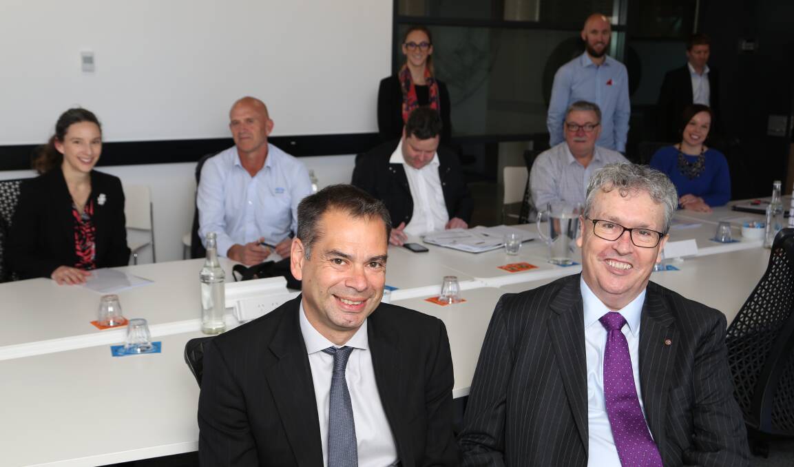 Finalists announced: Warwick Shanks, Professor Paul Wellings and other Illawarra Business Award judges meeting in the new iAccelerate building at the Wollongong Innovation Campus. Picture: Greg Ellis.
