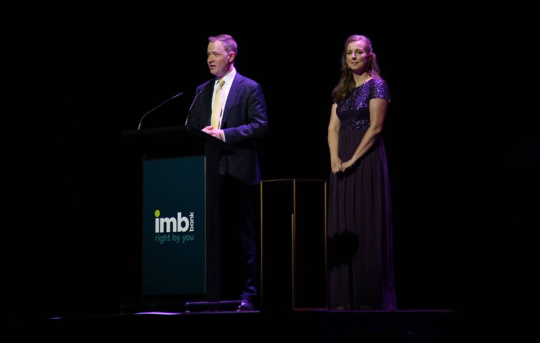 On the rise: Illawarra Business Chamber executive director Adam Zarth and president Amy Harper looked forward to a better 2020 at the annual business awards. Picture: Greg Ellis.
