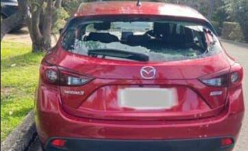 A car damaged during a two-day vandalism spree at Lake Illawarra. Picture: Lake Illawarra Police District Facebook
