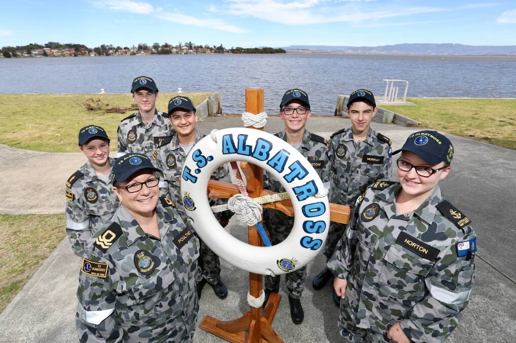 Naval Cadets: TS Albatross commanding officer Karen Poultney (front left) with Shania Auld, Dicey Evens, Isaac Beltrame, Brody Tedstone,  Levi Murray and Stephanee Horton. Picture: Adam McLean.
