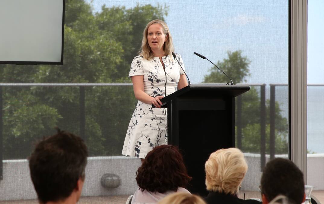 Awareness: Thrive Executive founder and managing director Jodi Bush speaking at the One Door Mental Health in the Workplace Lunch at the Novotel. Picture: Greg Ellis.
