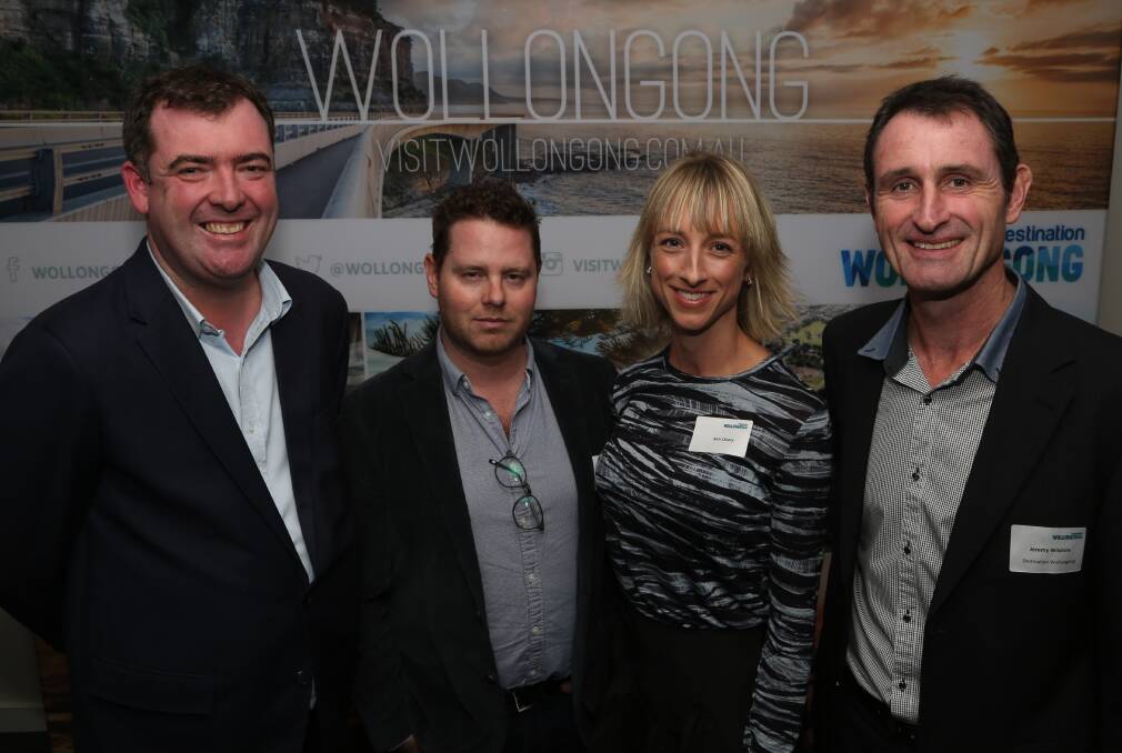 Great location: Destination Wollongong's Mark Sleigh, Back of the Net producer Steve Jaggi, Kim Cleary and Jeremy Wilshire at the Sage Hotel. Picture: Greg Ellis.
