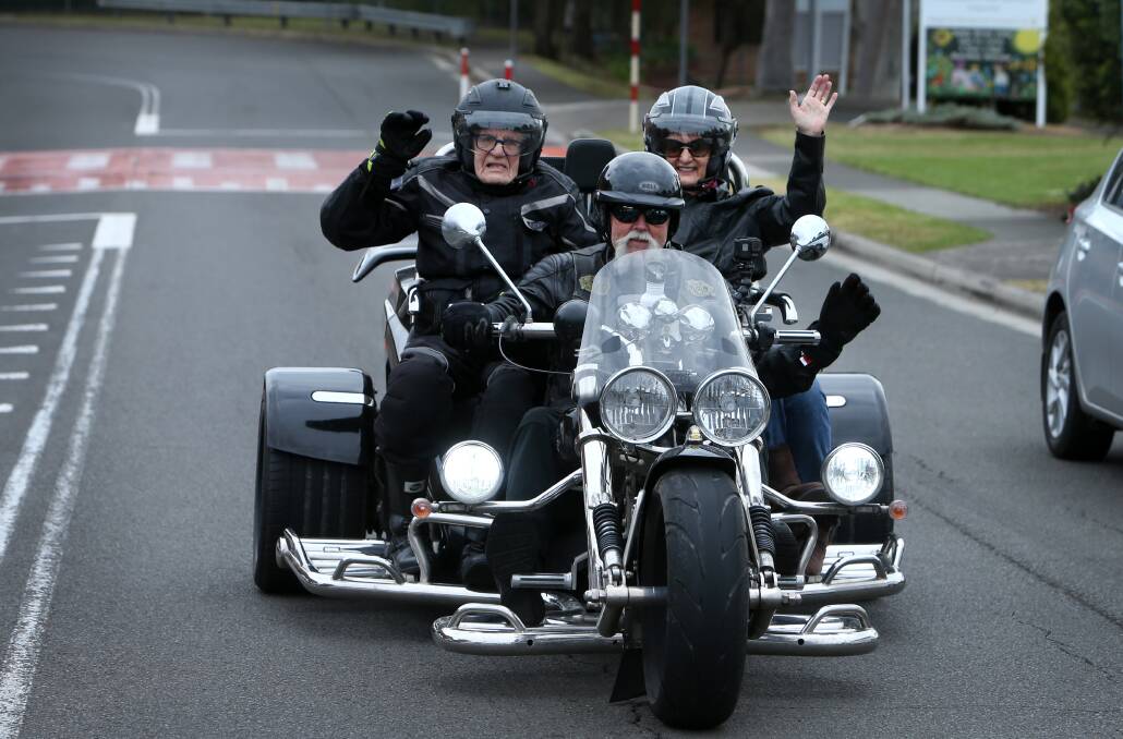 Birthday ride: Uniting Farmborough resident Rob Parsons celebrates his 94th birthday with daughter Christine Wilkins on board a Just Cruisin' Harley Tours trike with Steve Melchior. Picture: Sylvia Liber.

