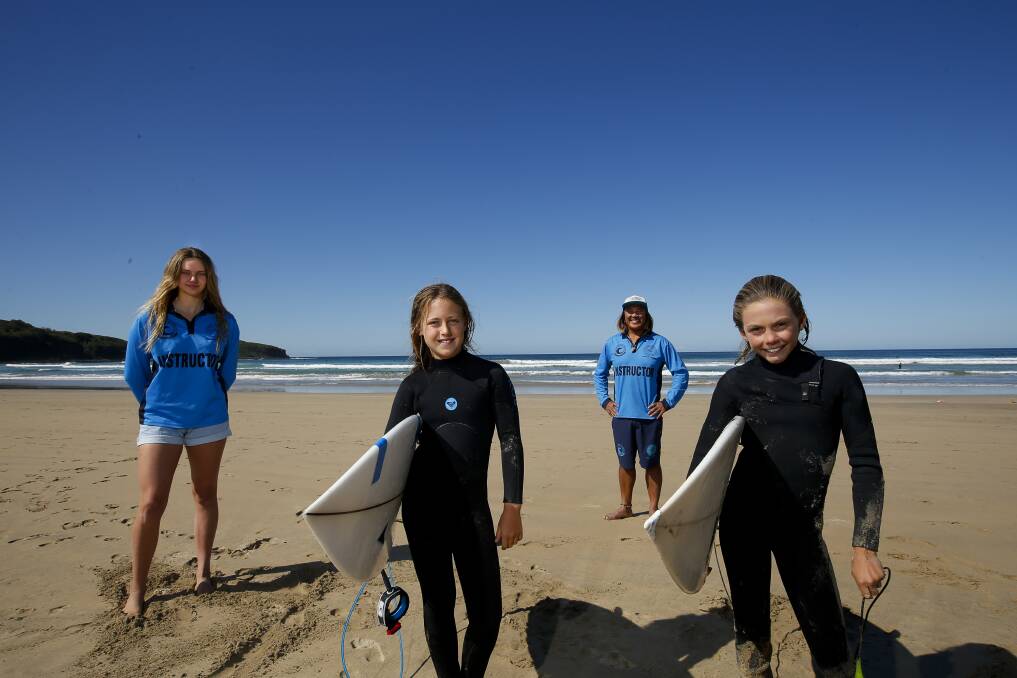 Surf school: Maddy Howe and Alice Hodgson with with instructors Jade Douglas and Vaya Phrachanh. 