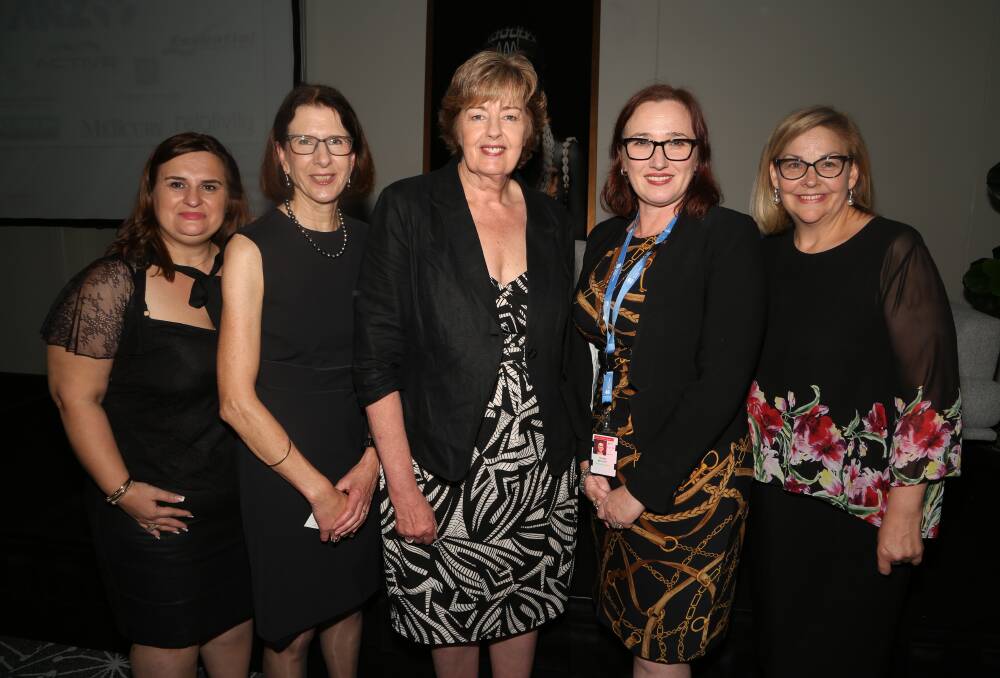 Women in leadership: Vi Blazevska, of ANZ, Professor Julie Steele, IWIB director Glenda Papac and guest speaker Natalie McLean, of RMS, and Delyse Del Turco at the IWIB Conference & Expo Day at Sage Hotel Wollongong. Picture: Greg Ellis.
