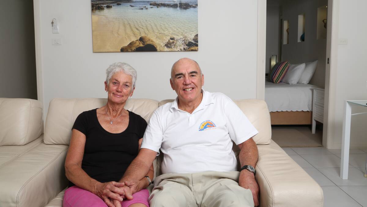 June and Ken Banks inside the multi-award winning Mollymook Beach Waterfront Apartments. Picture: Greg Ellis.
