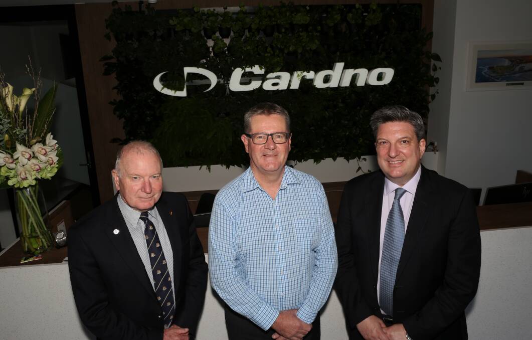 Growing business: Wollongong Lord Mayor Councillor Gordon Bradbery, Cardno South Coast's new business unit manager Peter Moy and Cardno's new global chief executive Ian Ball. Picture: Greg Ellis.


