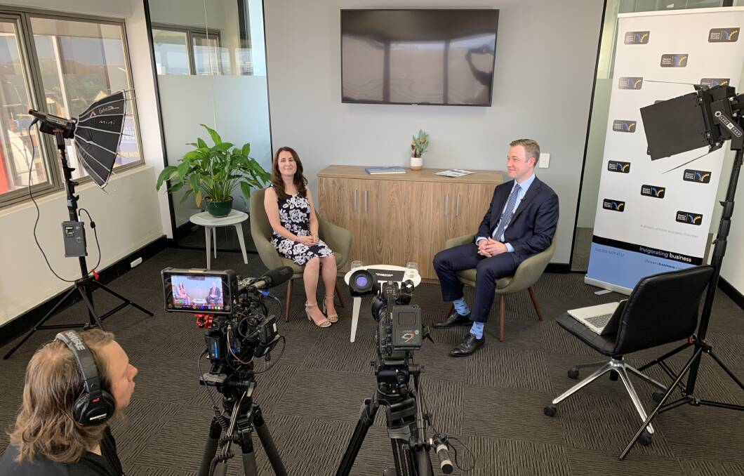 Business Response: Relativity filming Episode 2 of Business Response with social media expert Kellie OBrien talking to Illawarra Business Chamber executive director Adam Zarth. Picture: Gerardo Ceres. 