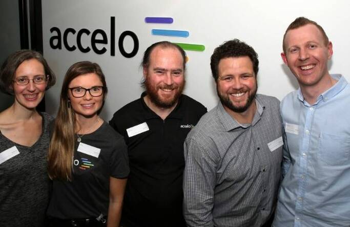 Growing and going global from the Gong: Christine Higgins, Amy Stewart, Glenn Fowler, Geoff McQueen and Eamonn Bell at Accelo's new office in Regent St. Picture: Greg Ellis.
