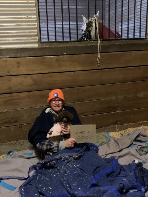 CEO Sleepout: Flagstaff Group chief executive Roy Rogers during a cold night in the stable with his horse Fonzie and dog Piper raising money for Vinnies to help homeless people in the Illawarra.