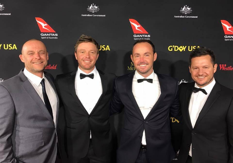 Global exposure: Symbio Wildlife Park's Colin Aldred, Matt Radnidge, Kevin Fallon and Dean Ashley flying the Wollongong flag to international celebrities and media in Los Angeles. Picture: Symbio.

