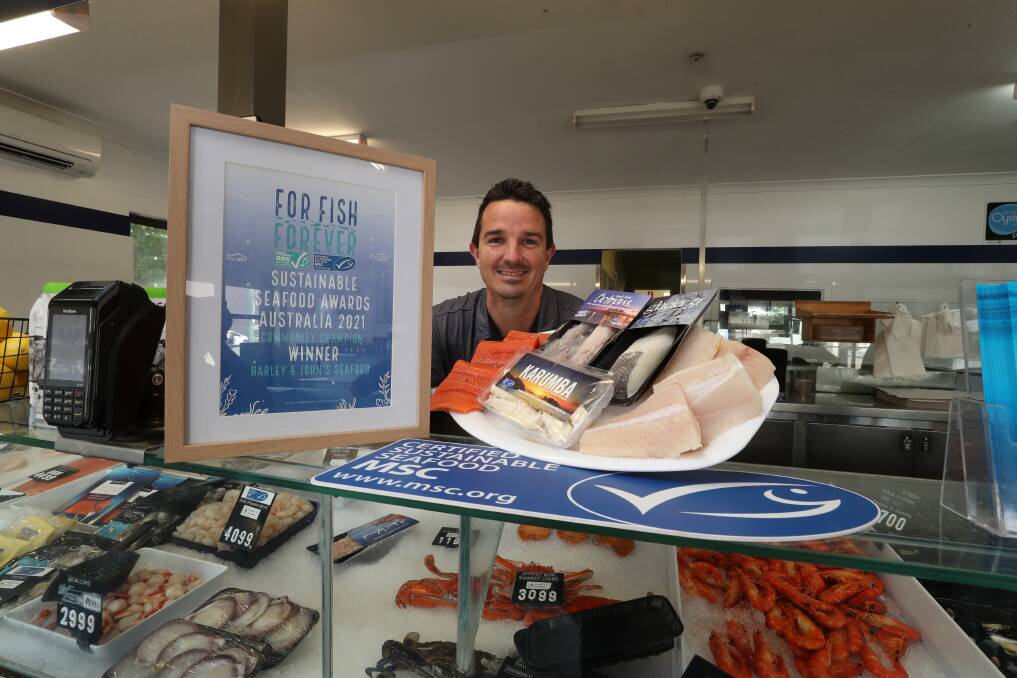 National recognition: Grant Logue with some of the sustainable seafood at Harley & Johns Seafood after being recognised by the Marine Stewardship Council. Picture: Robert Peet.