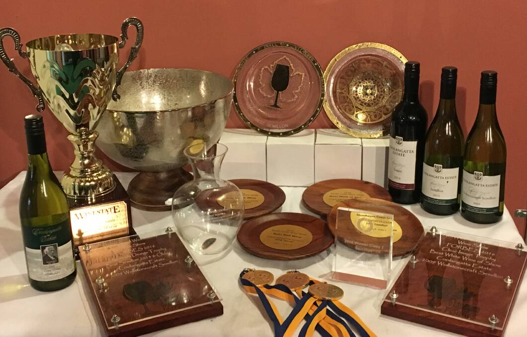 Some of the Coolangatta Estate trophy cabinet from wine competitions in 2016
