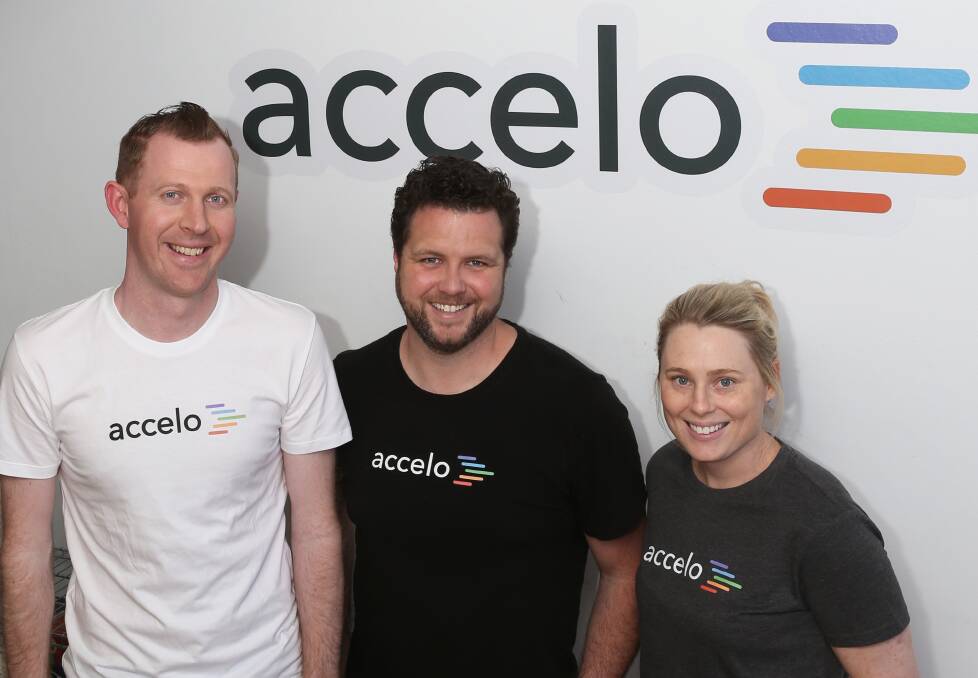 Rapid growth: Eamonn Bell, Geoff McQueen and Carrie Ball are preparing to double the size of Wollongong born startup Accelo's local workforce. Picture: Greg Ellis.