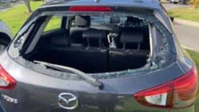 A car damaged during a two-day vandalism spree at Lake Illawarra. Picture: Lake Illawarra Police District Facebook
