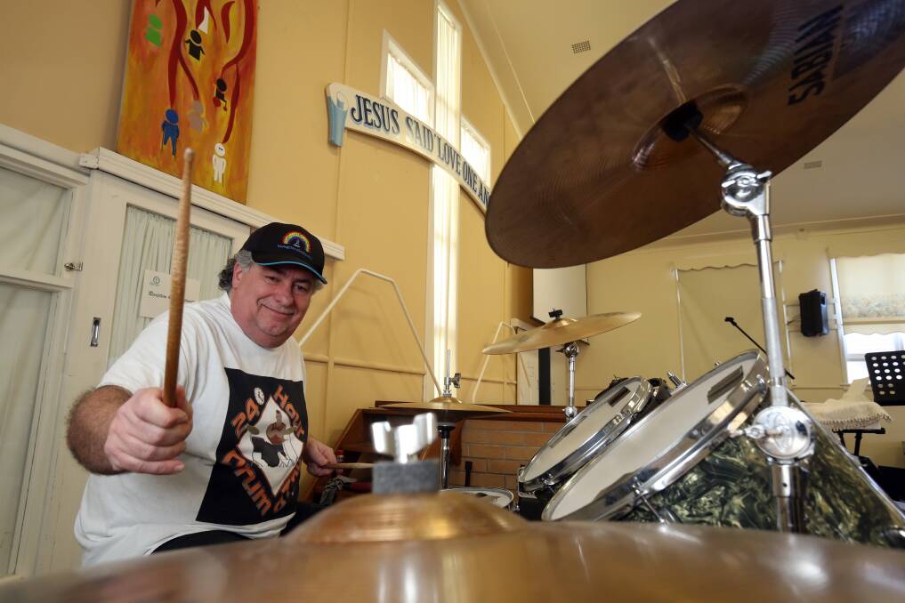 Drum-a-thon: Graeme Hush warms up for his 24 hours on the drums this Friday and Saturday. Picture: Greg Ellis.
