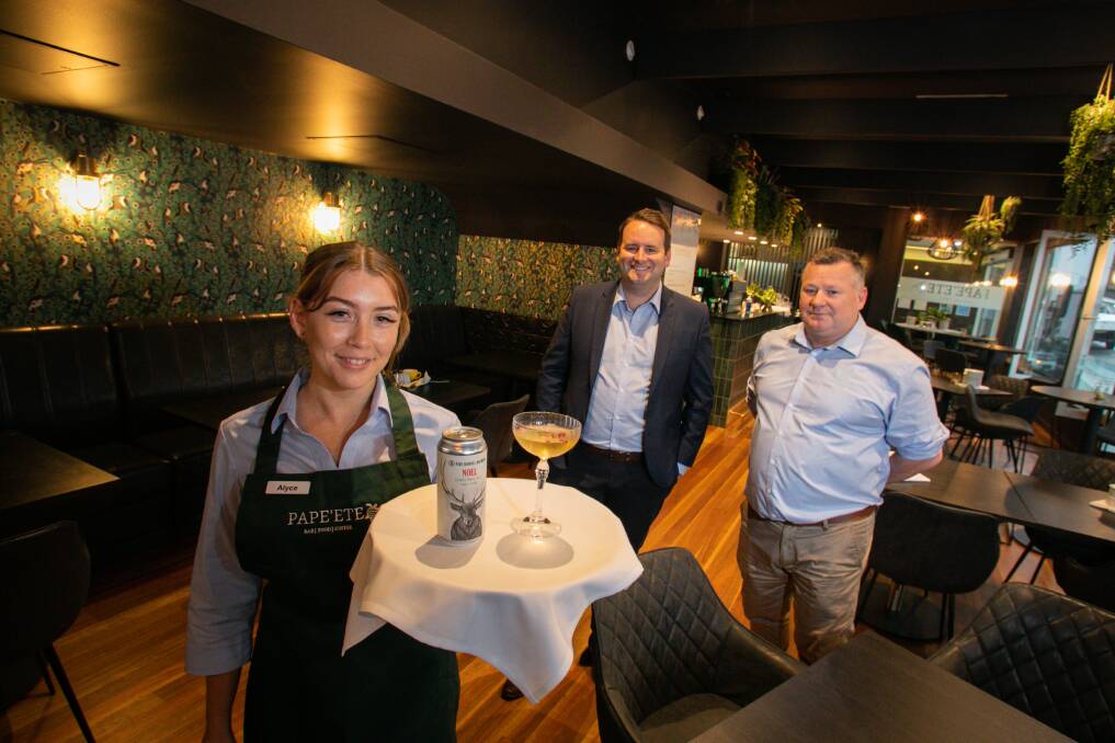 New bar: Bar manager Alyce Malone, chief executive Leigh Hingston and food and beverage manager Simon Everett at the new Pacific-themed bar at City Diggers called Pape'ete. Picture: Wesley Lonergan.