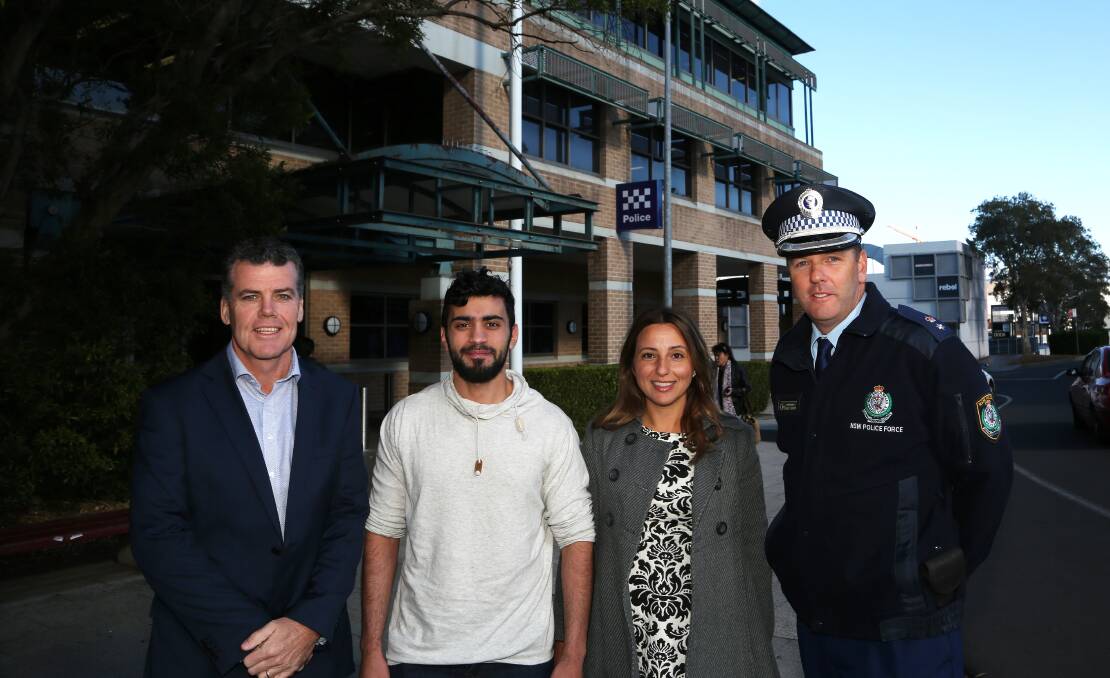 Safety video: IMB Bank's Michael Brannon, UOW international student Omar Amin and Local Area Commander Supt Chris Craner. Picture: Greg Ellis.

