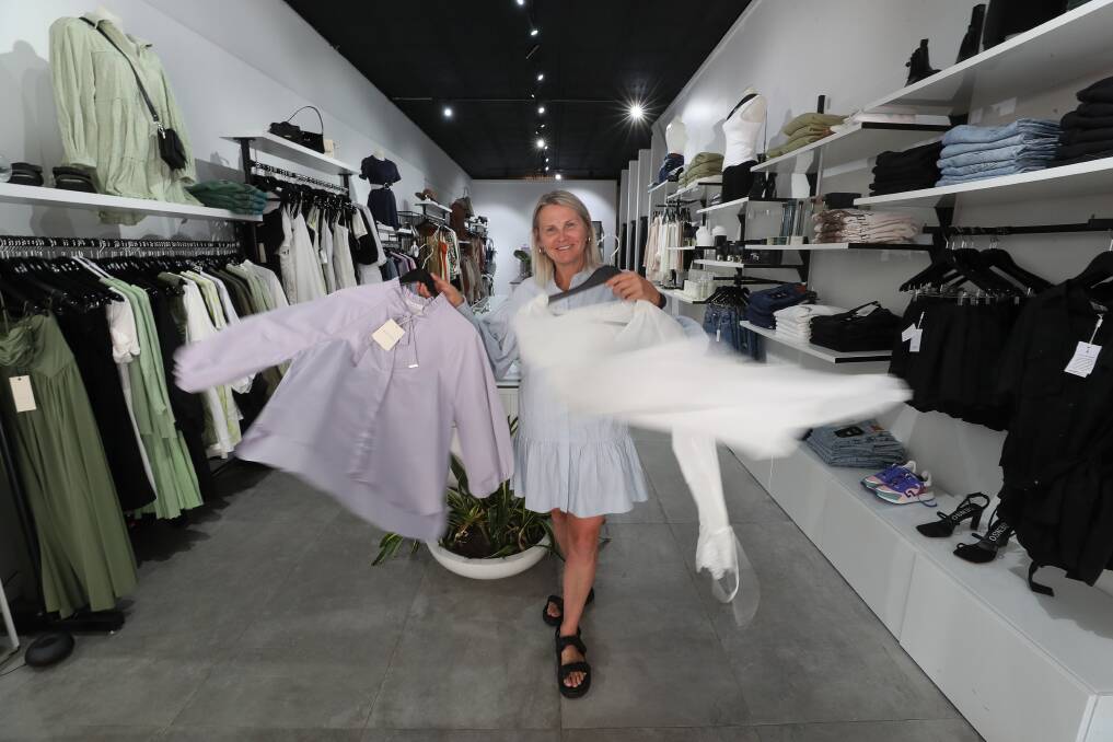 Retail returns for the vaccinated: Frolic Girls owner Kelly Kreilis is looking forward to welcoming customers back into her high fashion Wollongong store on Monday. Picture: Robert Peet.
